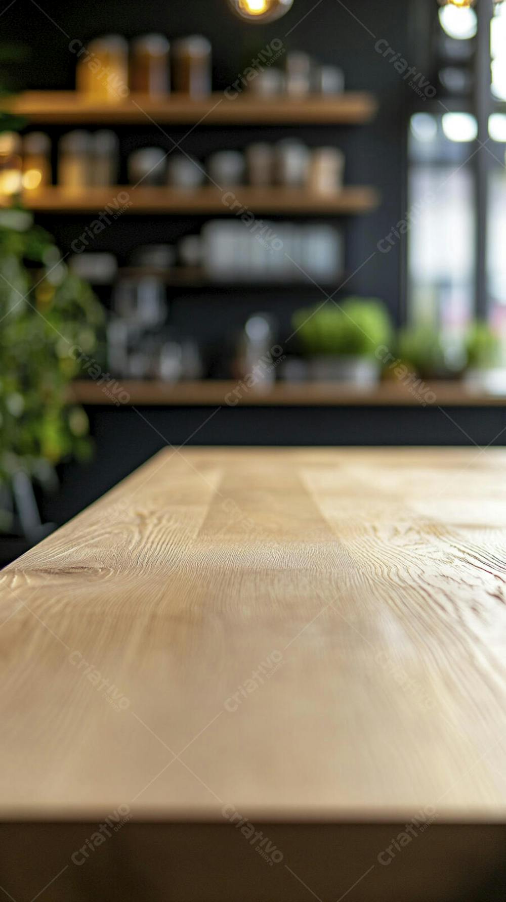 Mesa de Madeira Rústica em Cozinha Iluminada com Utensílios e Copy Space