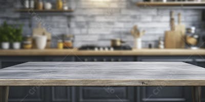 Mesa de Madeira Rústica em Cozinha Iluminada com Utensílios e Copy Space
