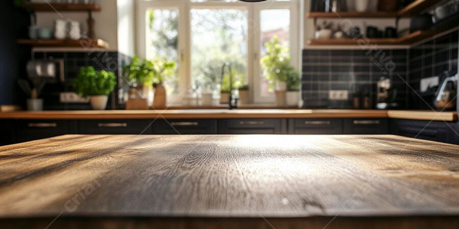 Mesa de madeira em cozinha moderna