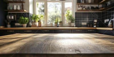 Mesa de Madeira Rústica em Cozinha Iluminada com Utensílios e Copy Space