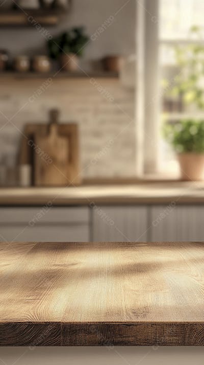 Mesa de Madeira Rústica em Cozinha Iluminada com Utensílios e Copy Space