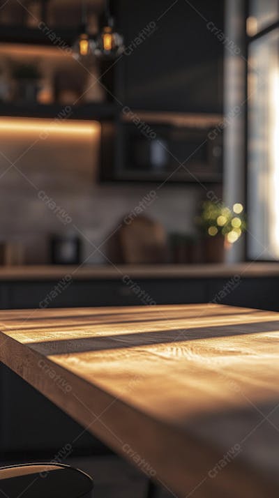 Mesa de Madeira Rústica em Cozinha Iluminada com Utensílios e Copy Space