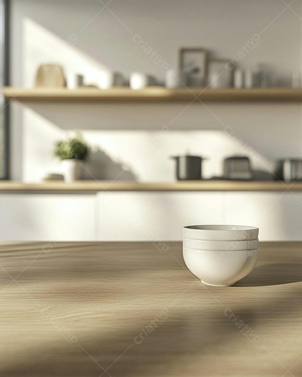 Mesa de Madeira Rústica em Cozinha Iluminada com Utensílios e Copy Space