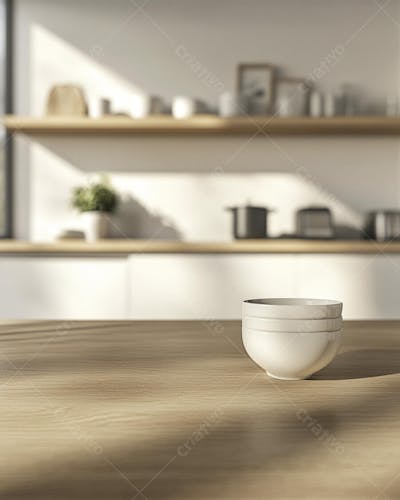 Mesa de Madeira Rústica em Cozinha Iluminada com Utensílios e Copy Space