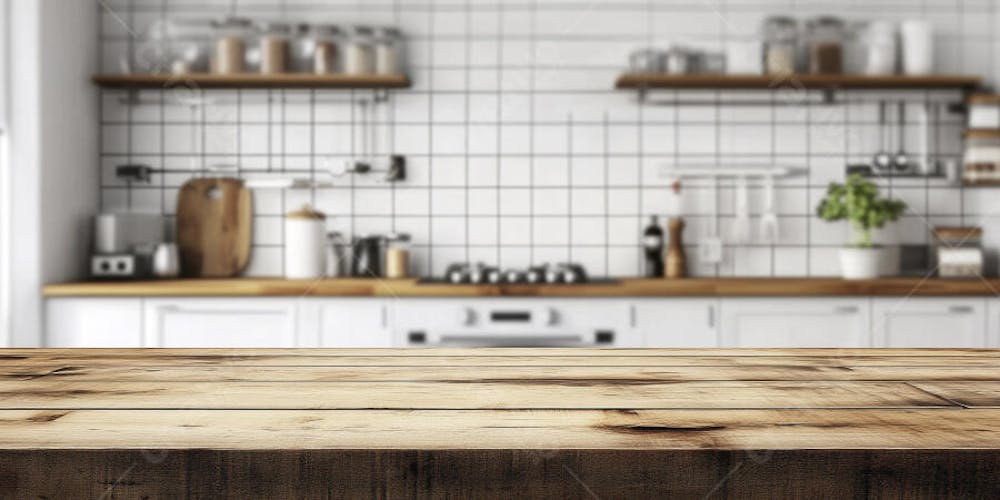 Mesa de Madeira Rústica em Cozinha Iluminada com Utensílios e Copy Space