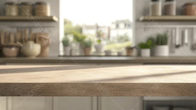 Mesa de Madeira Rústica em Cozinha Iluminada com Utensílios e Copy Space
