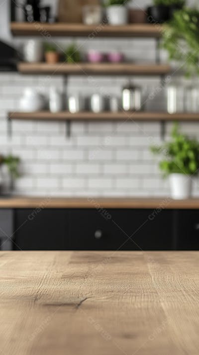 Mesa de Madeira Rústica em Cozinha Iluminada com Utensílios e Copy Space