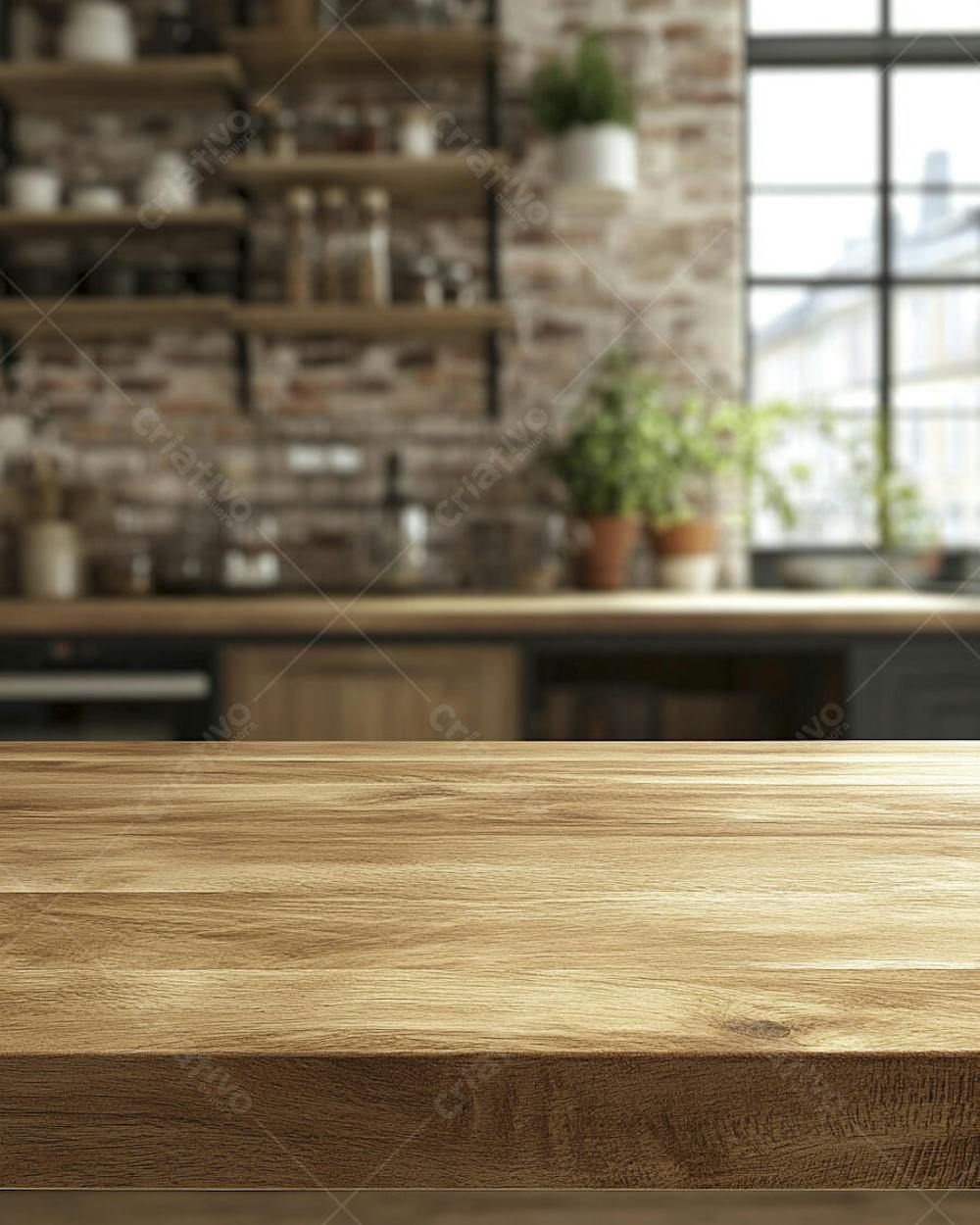 Mesa de Madeira Rústica em Cozinha Iluminada com Utensílios e Copy Space