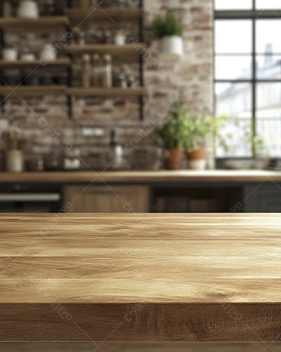 Mesa de Madeira Rústica em Cozinha Iluminada com Utensílios e Copy Space