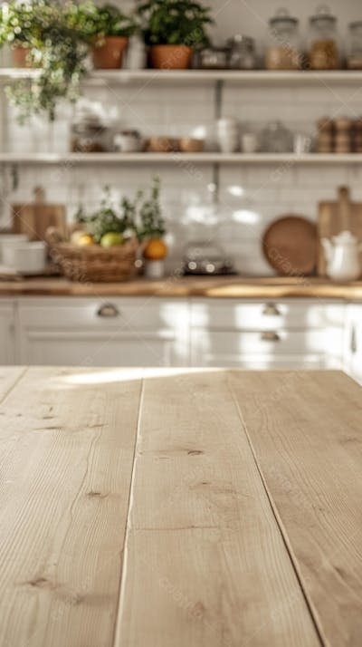 Mesa de Madeira Rústica em Cozinha Iluminada com Utensílios e Copy Space