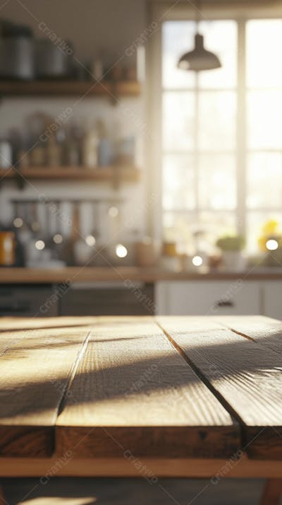 Mesa de Madeira Rústica em Cozinha Iluminada com Utensílios e Copy Space