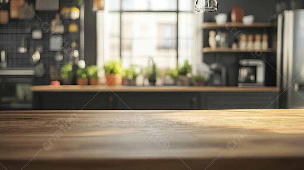Mesa de Madeira Rústica em Cozinha Iluminada com Utensílios e Copy Space