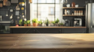 Mesa de Madeira Rústica em Cozinha Iluminada com Utensílios e Copy Space