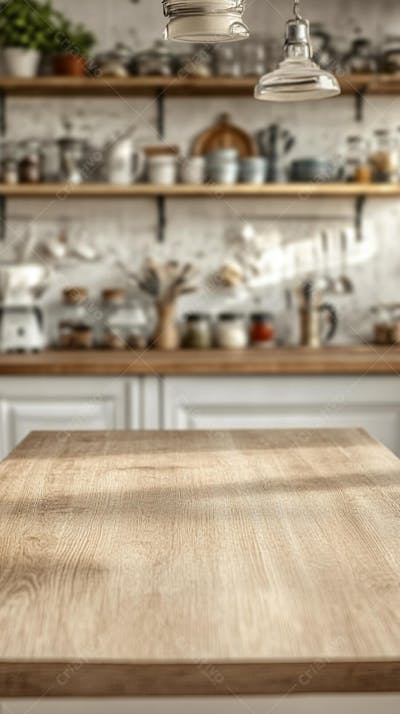 Mesa de Madeira Rústica em Cozinha Iluminada com Utensílios e Copy Space