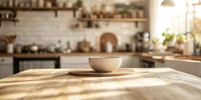 Mesa de Madeira Rústica em Cozinha Iluminada com Utensílios e Copy Space