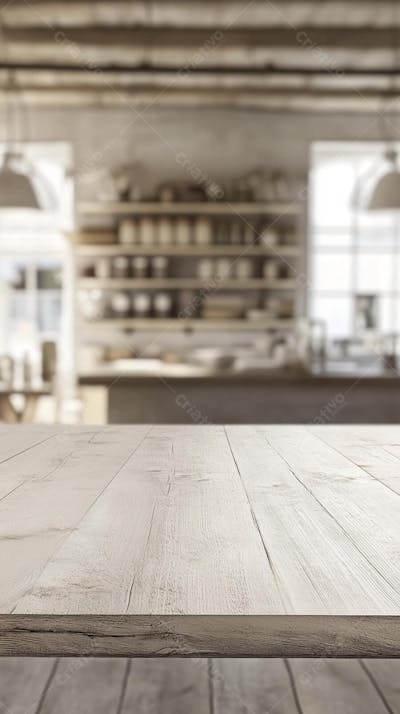 Mesa de Madeira Rústica em Cozinha Iluminada com Utensílios e Copy Space