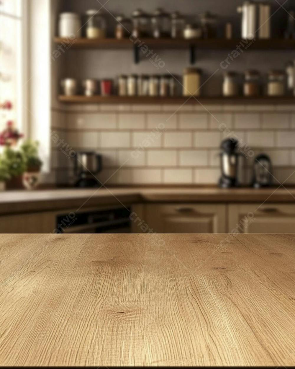 Mesa de Madeira Rústica em Cozinha Iluminada com Utensílios e Copy Space