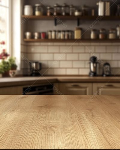 Mesa de Madeira Rústica em Cozinha Iluminada com Utensílios e Copy Space