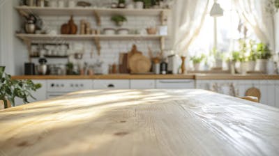 Mesa de Madeira Rústica em Cozinha Iluminada com Utensílios e Copy Space