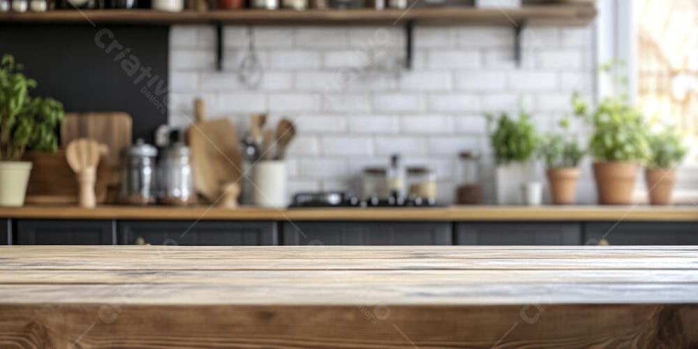 Mesa de Madeira Rústica em Cozinha Iluminada com Utensílios e Copy Space
