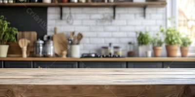 Mesa de Madeira Rústica em Cozinha Iluminada com Utensílios e Copy Space
