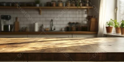 Mesa de Madeira Rústica em Cozinha Iluminada com Utensílios e Copy Space