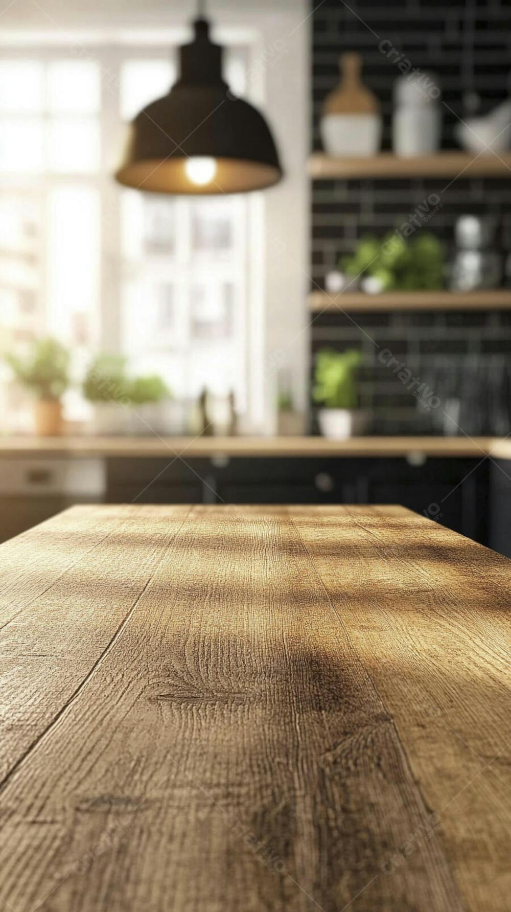 Mesa de Madeira Rústica em Cozinha Iluminada com Utensílios e Copy Space