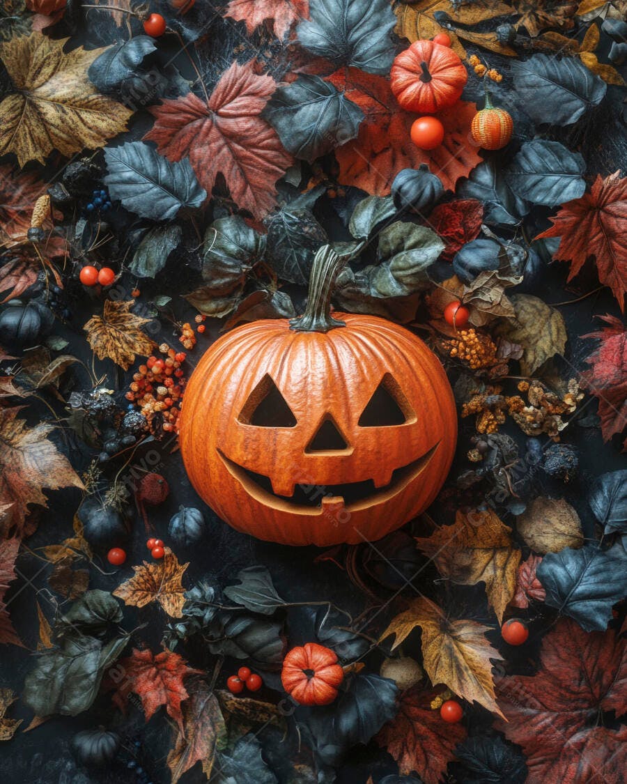 Abóbora de Halloween rodeada por folhas secas