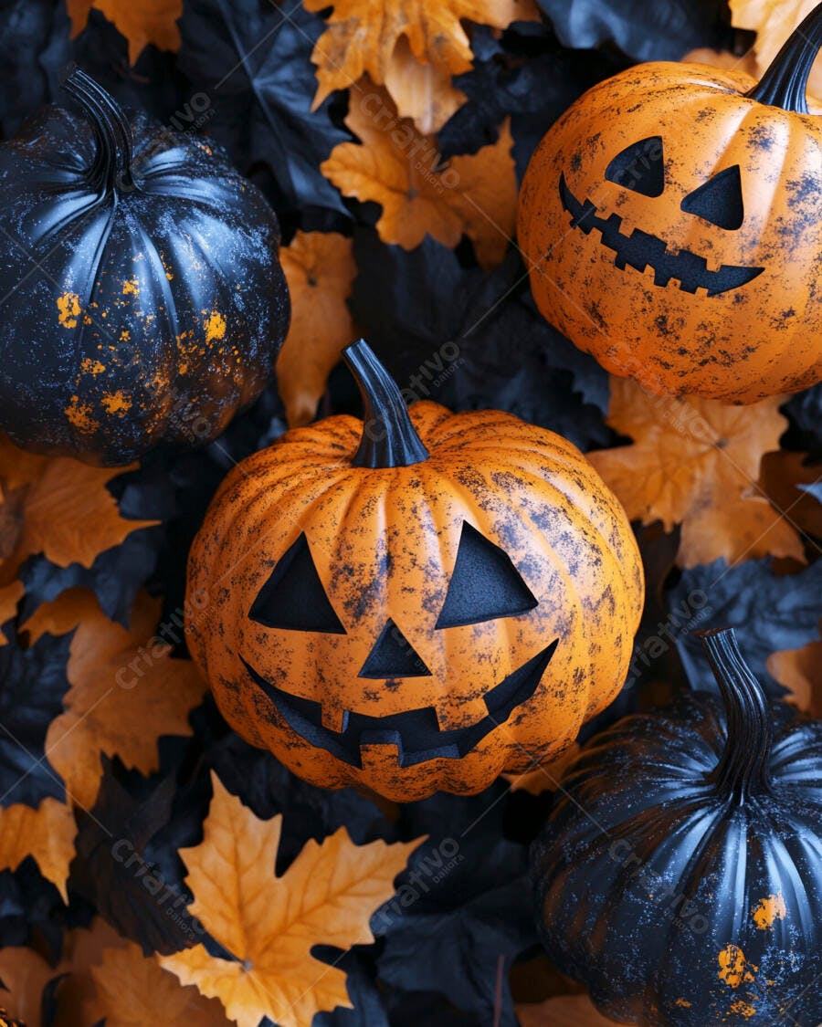 Abóboras de Halloween sobre folhas secas