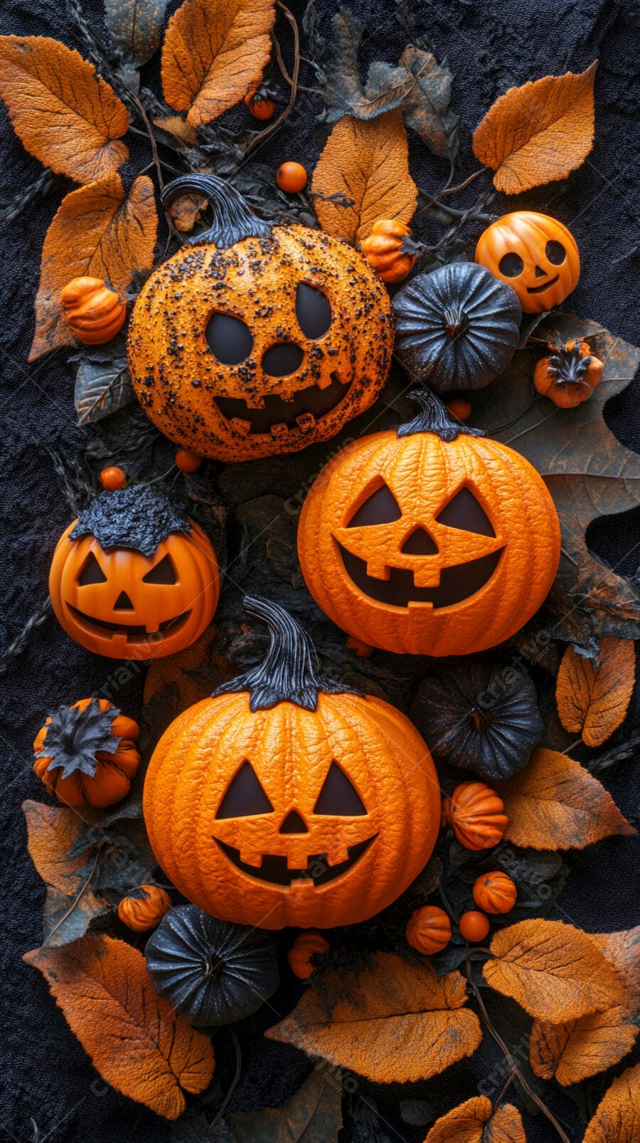 Abóboras de Halloween com folhas secas