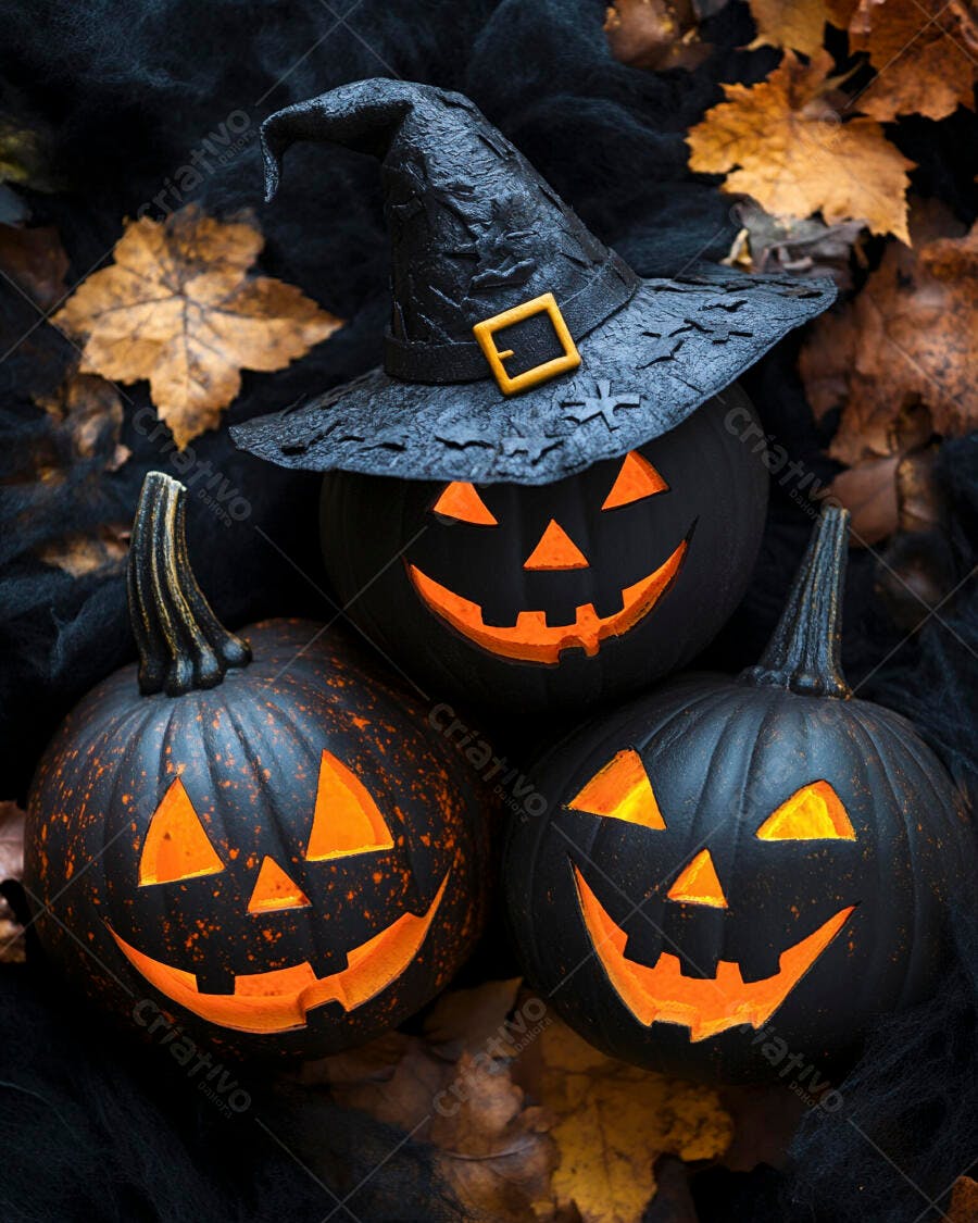 Abóboras pretas de Halloween com chapéu de bruxa