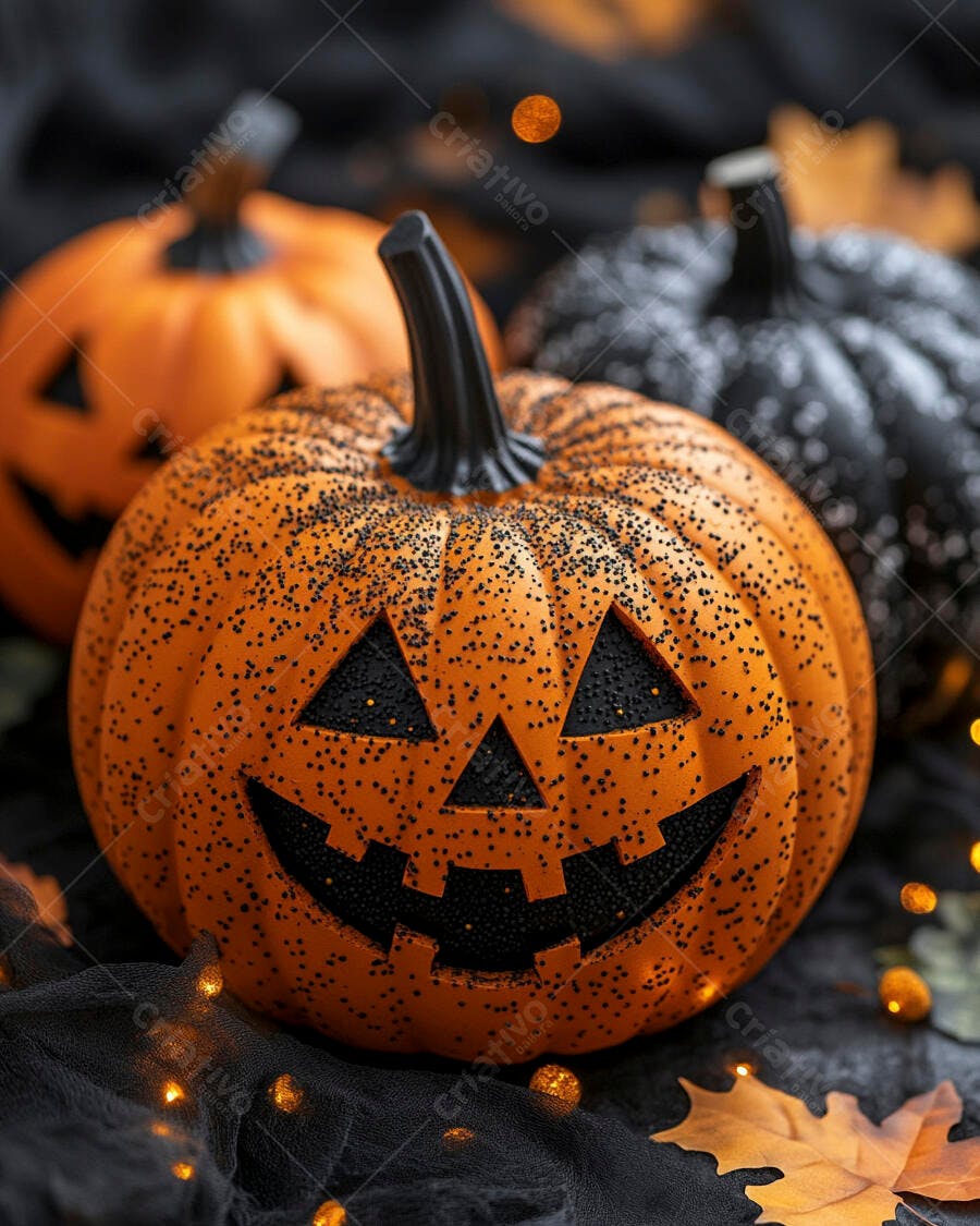 Abóbora Halloween Laranja e Preta com Luzes
