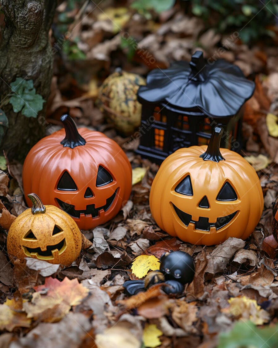 Abóboras de Halloween em folhas secas