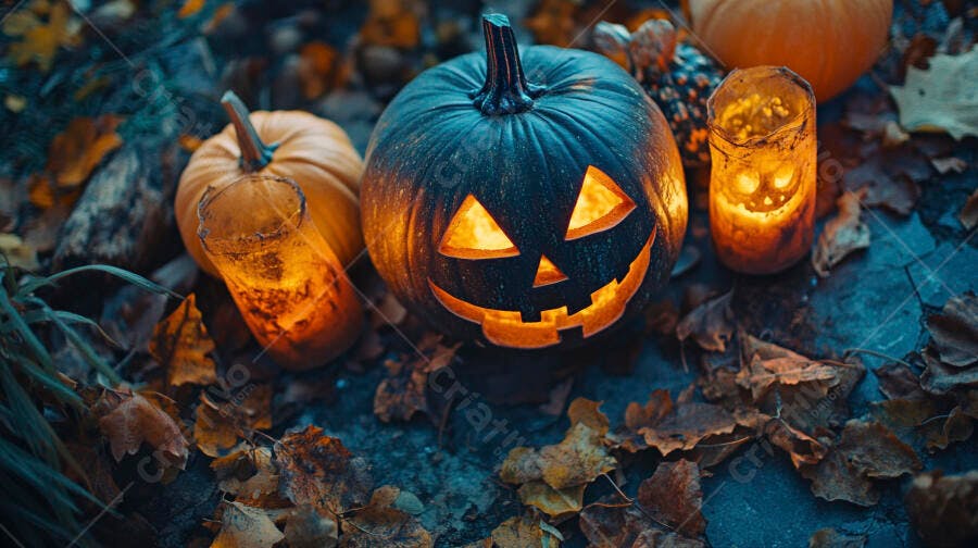 Abóboras de Halloween iluminadas à noite