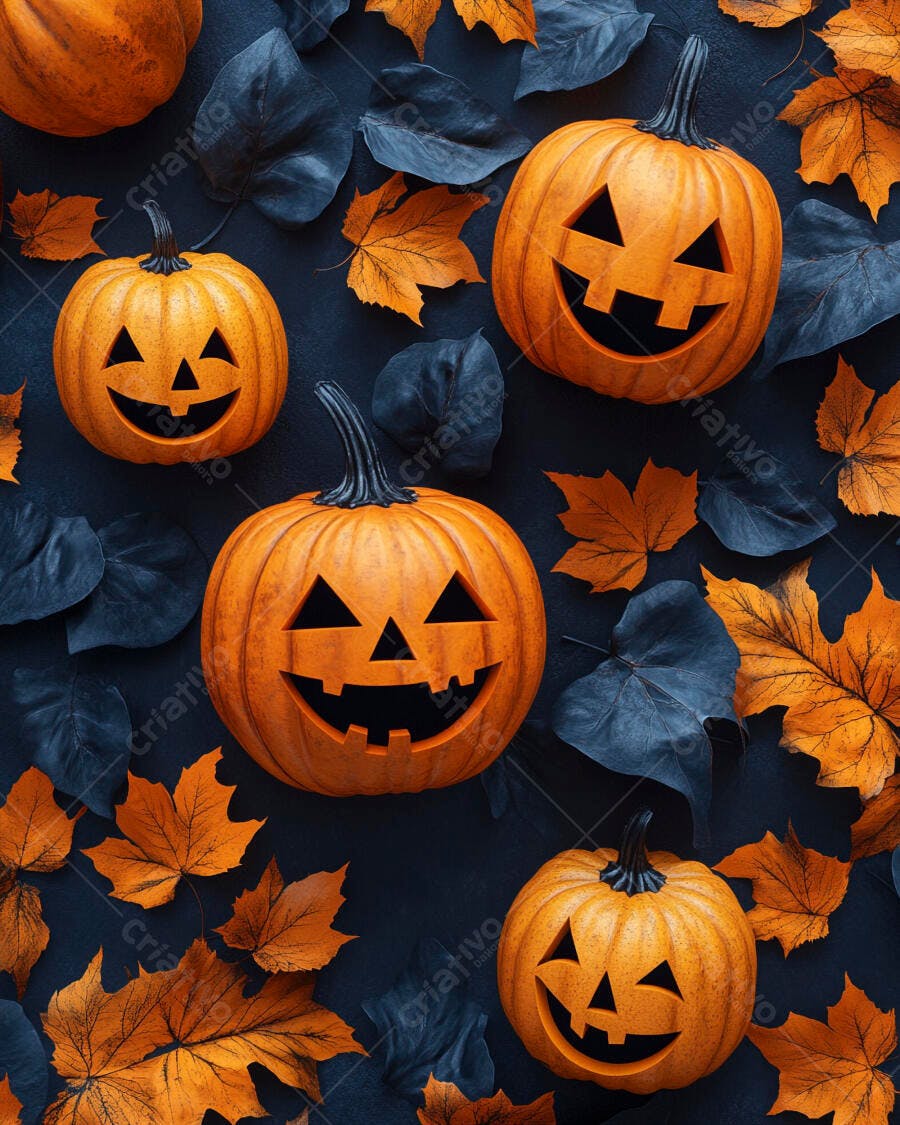 Abóboras de Halloween com folhas outonais