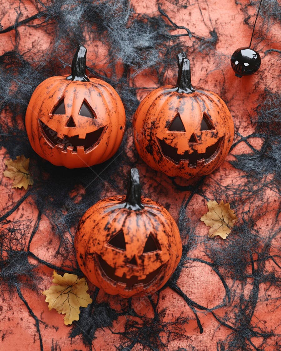 Abóboras de Halloween sobre teia de aranha