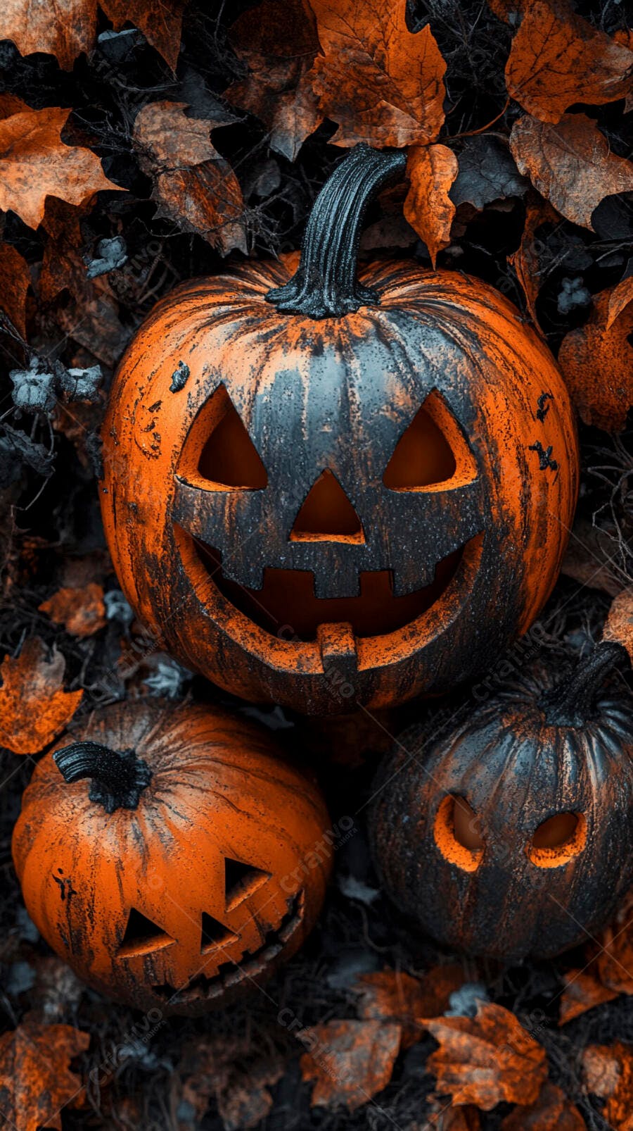 Abóboras de Halloween entre folhas secas