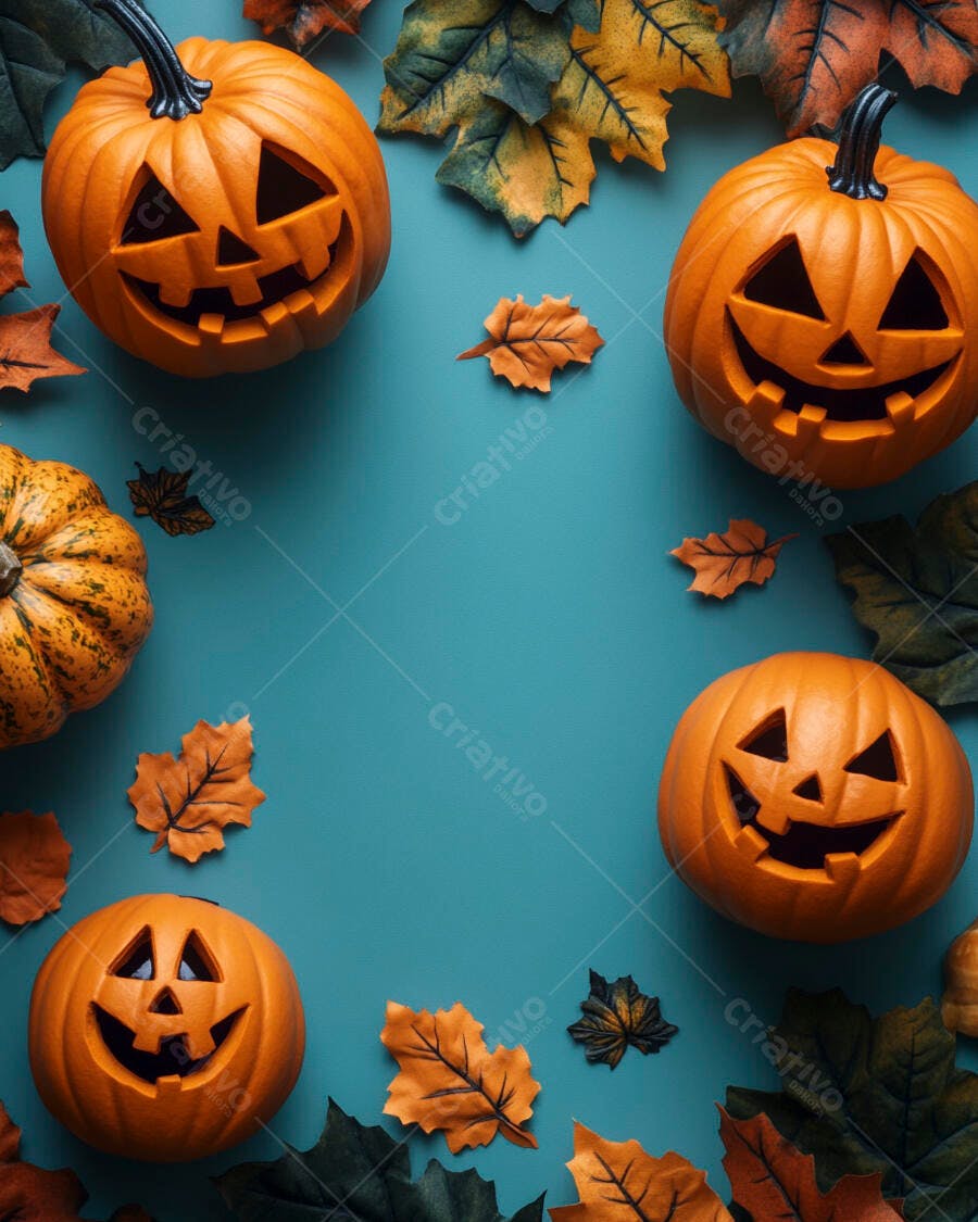 Abóboras de Halloween com folhas de outono