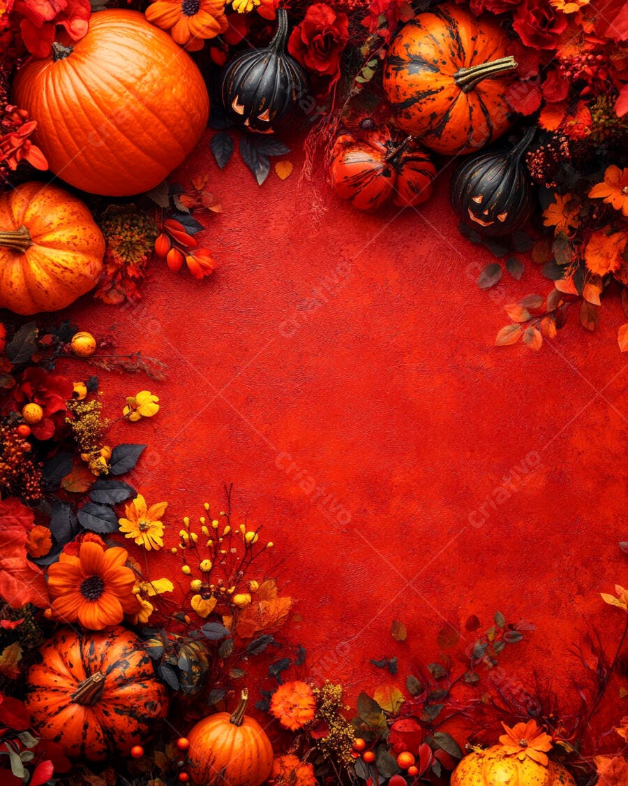 Abóbora e flores outono fundo vermelho