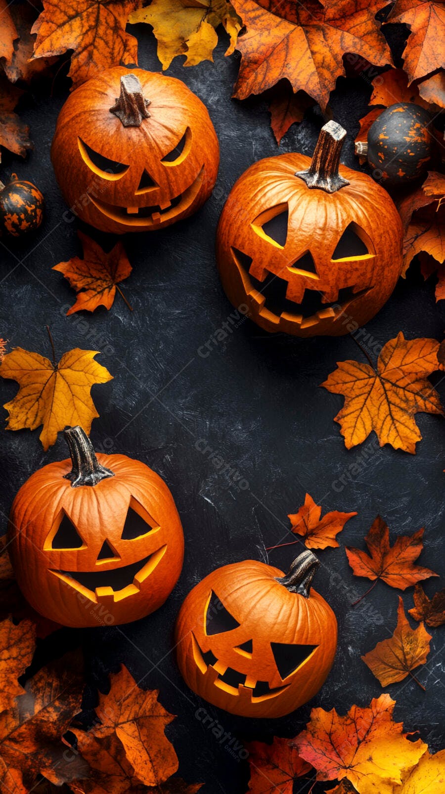 Abóboras de Halloween com folhas de outono