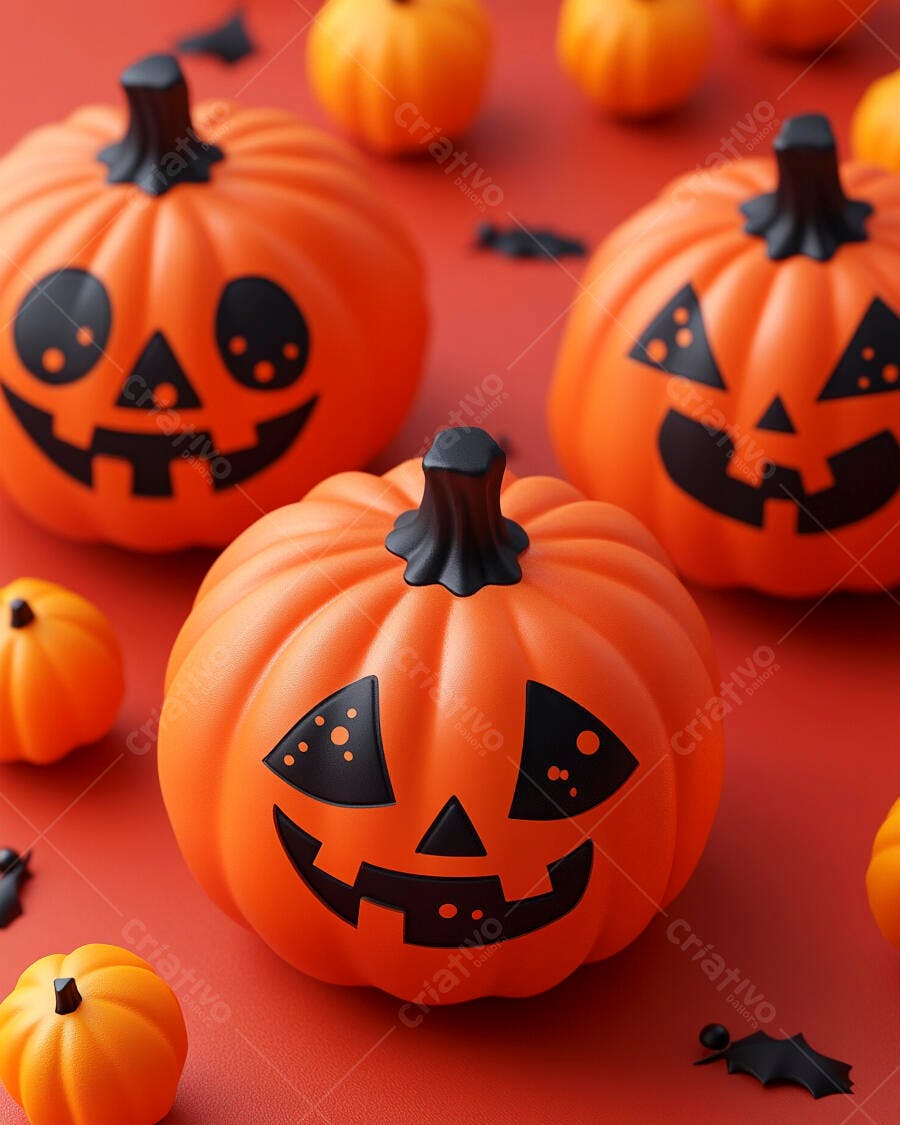 Abóboras de Halloween laranjas em fundo vermelho