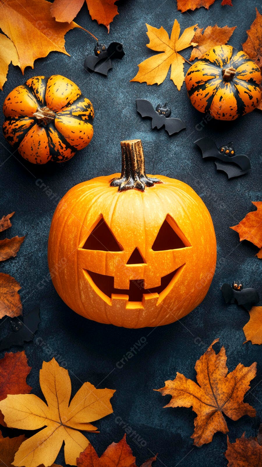 Abóbora de Halloween com folhas de outono