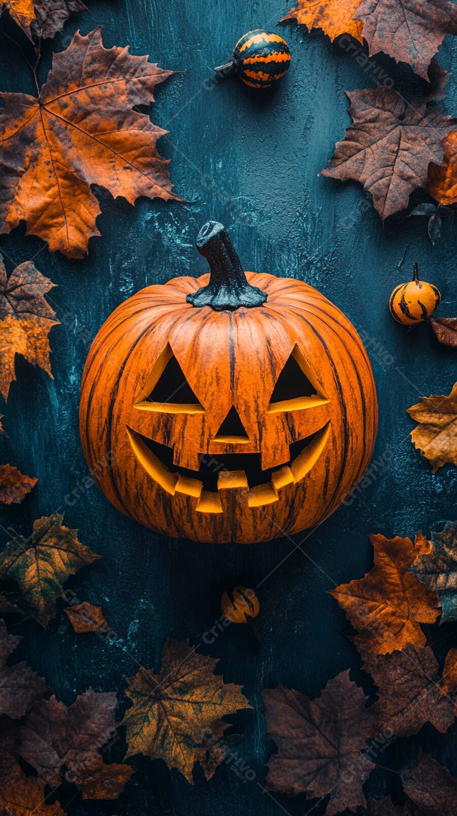 Abóbora de Halloween com folhas de outono