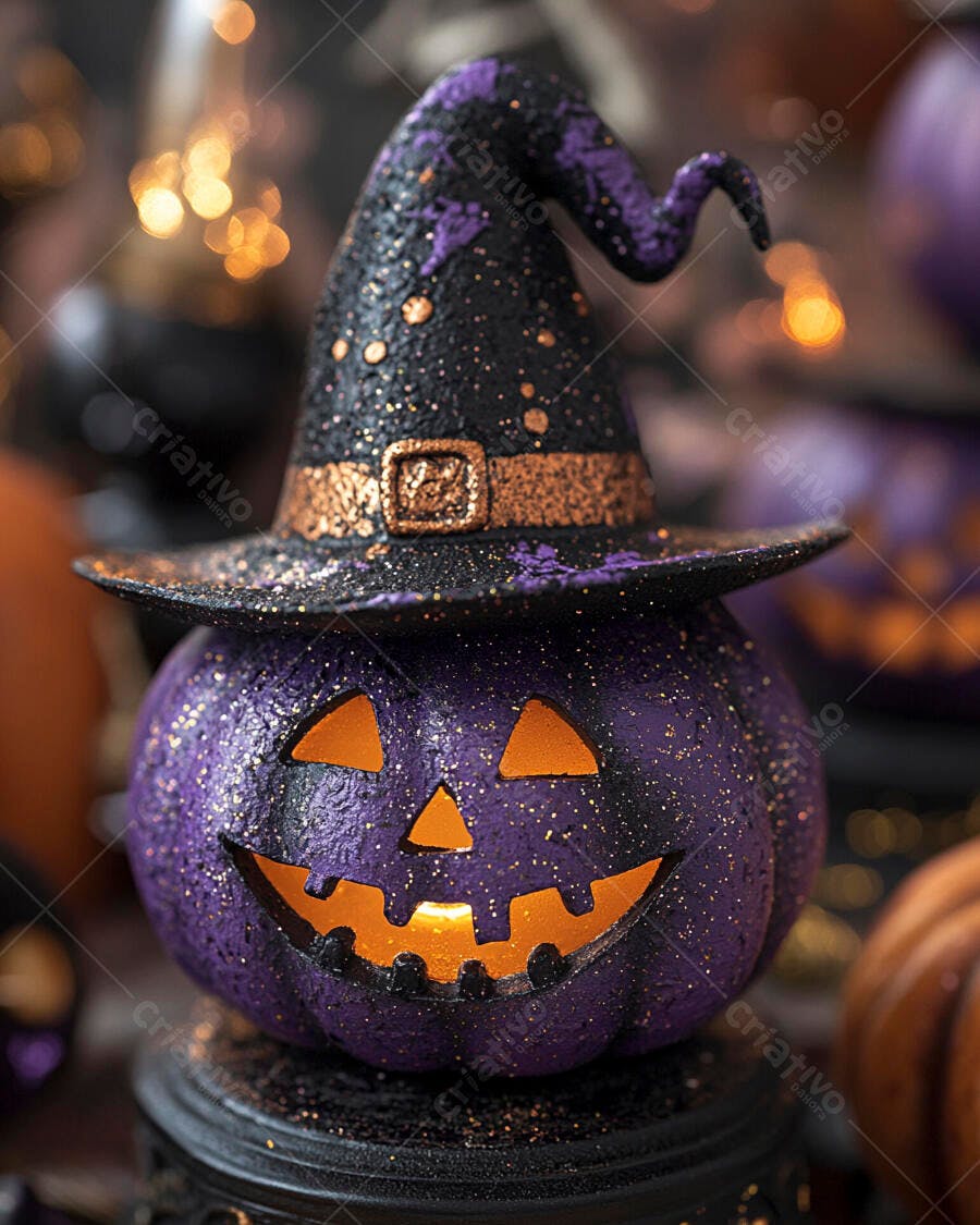 Abóbora roxa com chapéu de bruxa para Halloween