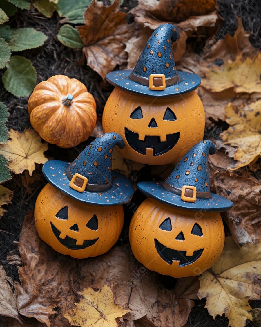 Abóboras de Halloween com chapéus de bruxa
