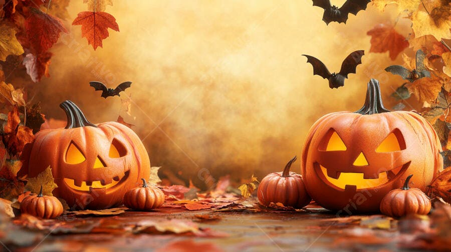 Abóboras de Halloween com morcegos e folhas