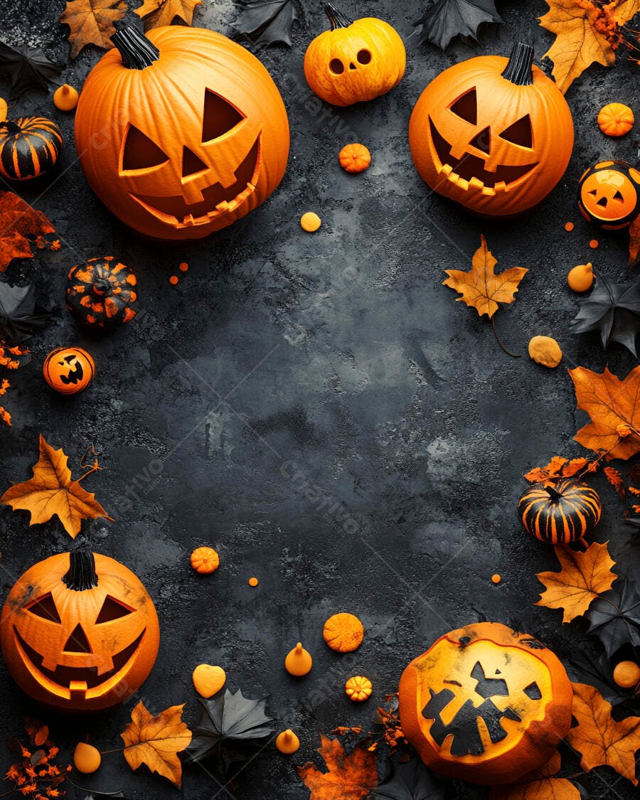 Abóboras de Halloween com folhas de outono