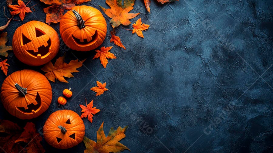 Abóboras de Halloween com folhas de outono