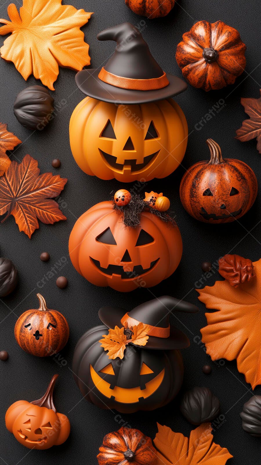 Abóboras de Halloween com chapéu de bruxa