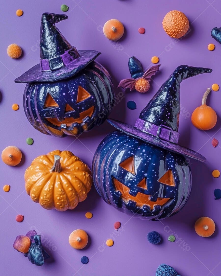 Abóboras de Halloween com chapéus de bruxa